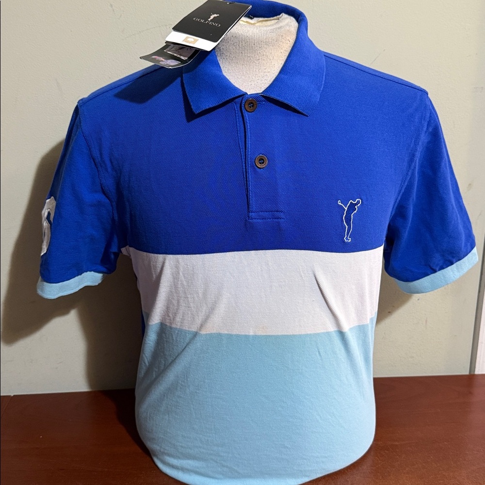 GOLFINO MEN'S STRIPED GOLF POLO 100% COTTON ML BLUE MULTI NEW NWT